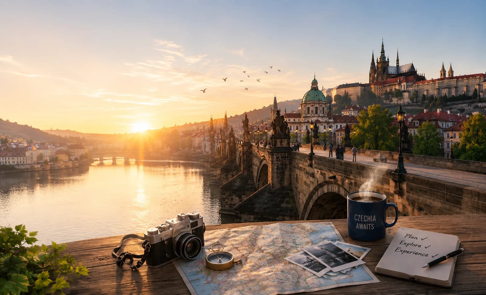 Sunrise over Charles Bridge and Prague Castle, with a map, camera, compass and travel notebook on a table in the foreground